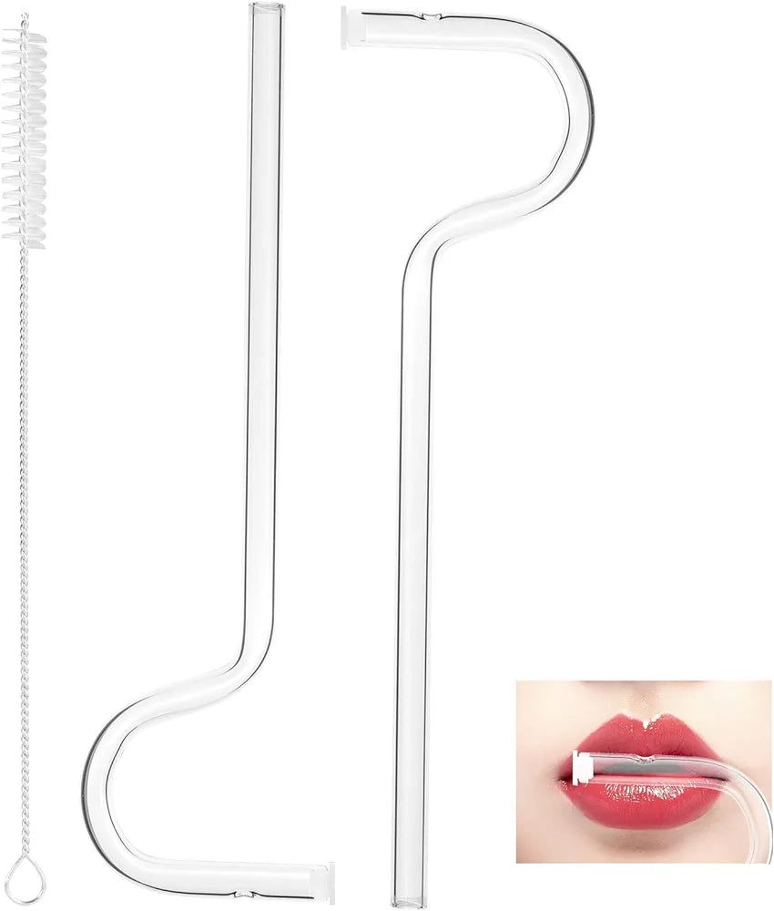 Anti Wrinkles Straw Set of 2 - Reusable Glass Drinking Straw with Brush Lipstick Protect Straw for Engaging Lips Horizontally