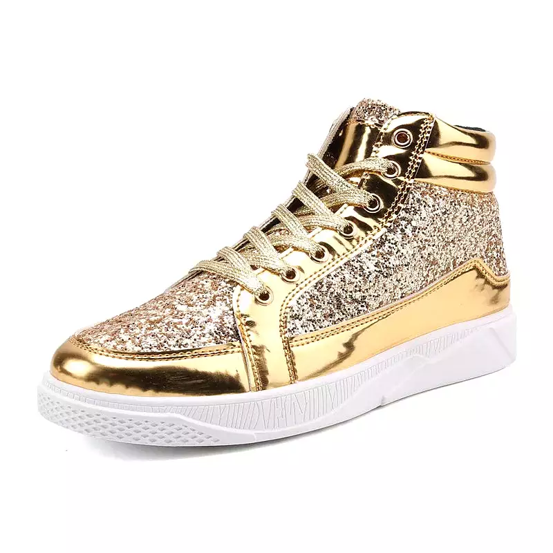 Ashore Shop Men High Top Sneakers Male Ankle Boots Gold Luxury Glitter Shoes Streetwear