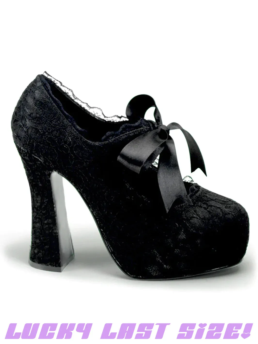 DEMON-11 - BLACK SATIN/ BLACK LACE - SIZE 7