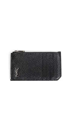 Grained Leather Fragments Zip Card Case - Black