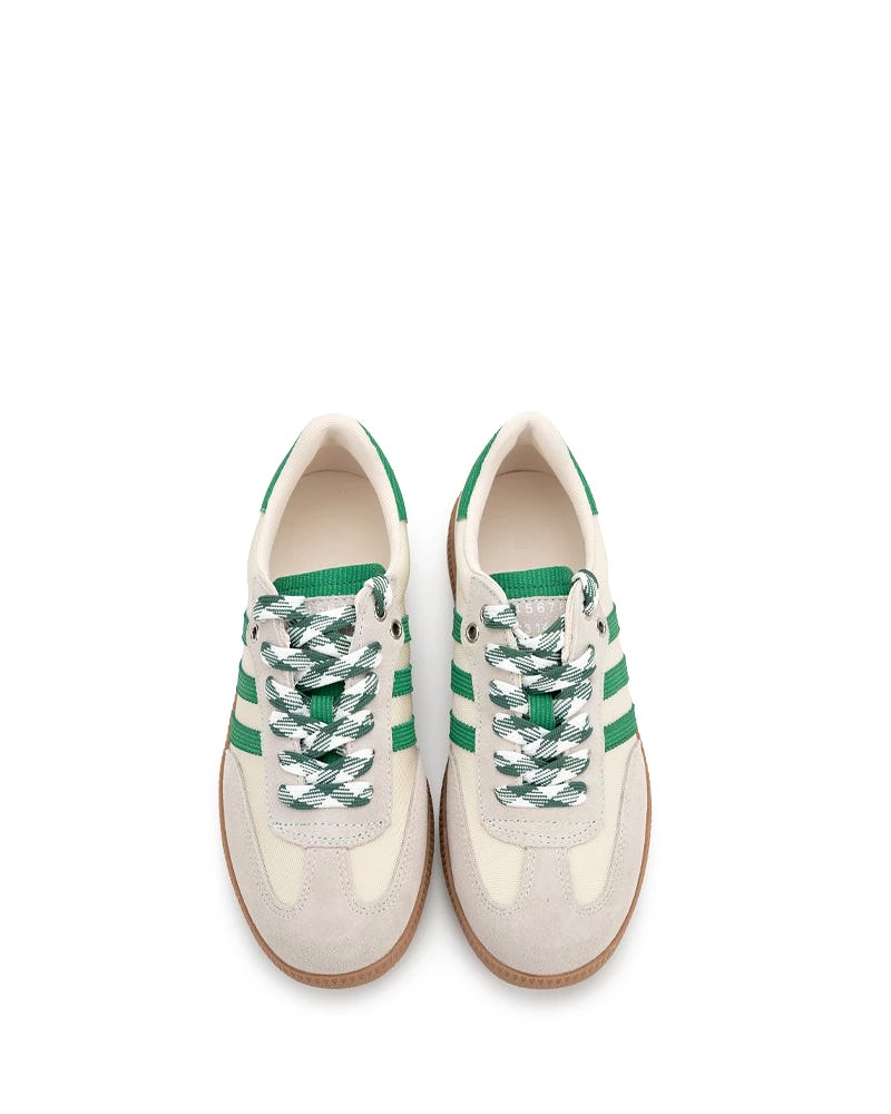 Green and White Suede Leather Flat Sneakers