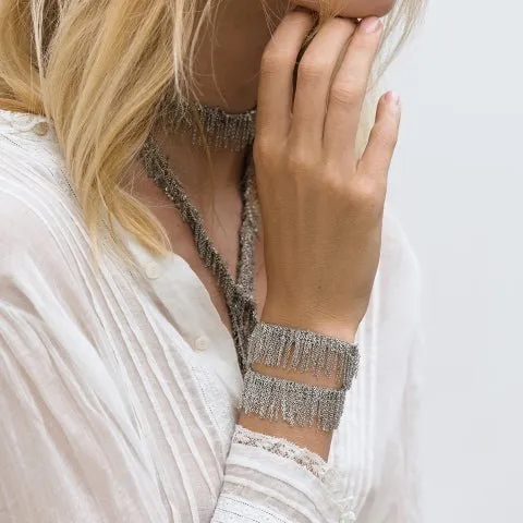 Grey Thread & White Bronze Woven Fringe Bracelet