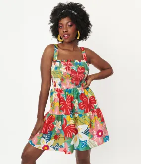 Multicolor Tropical Floral Smocked Flare Dress