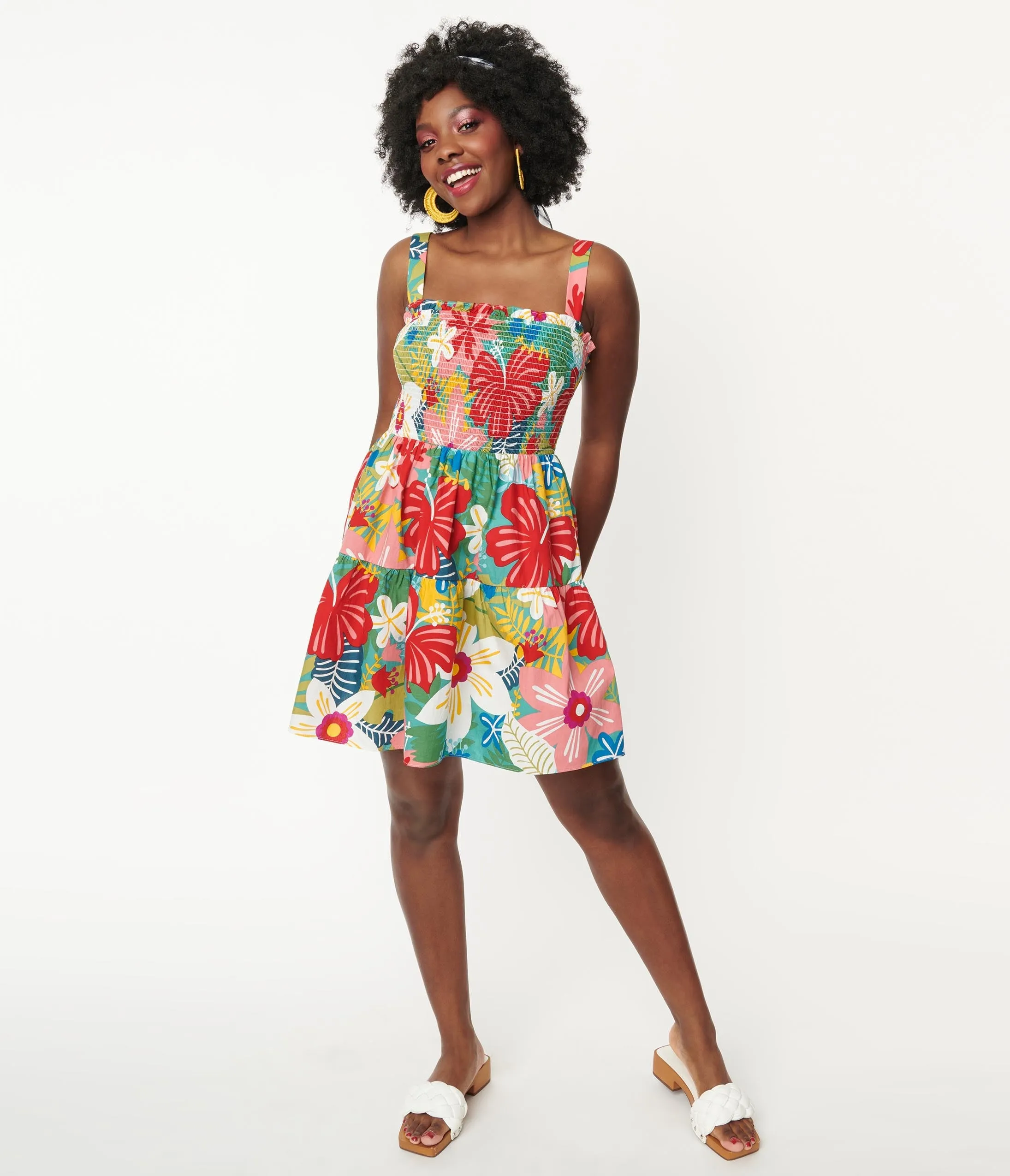 Multicolor Tropical Floral Smocked Flare Dress