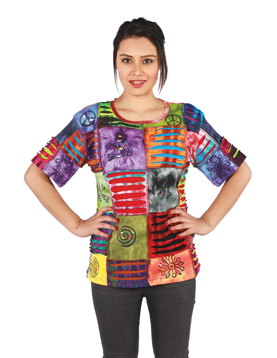 Razor Cut Patchwork Scoop Neck Half Sleeve Cotton Top