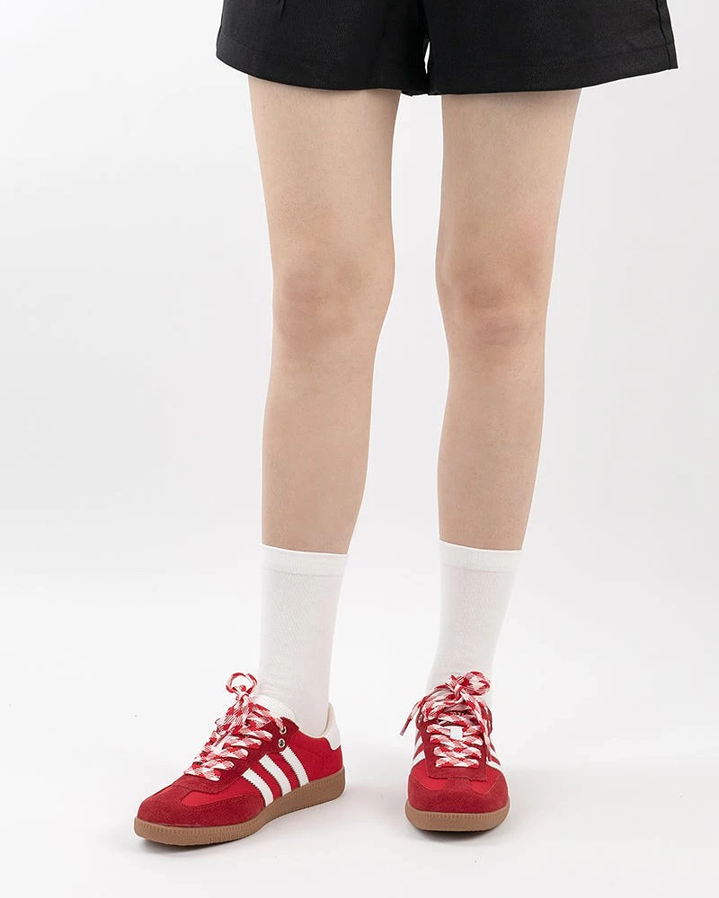 Red and White Suede Leather Flat Sneakers