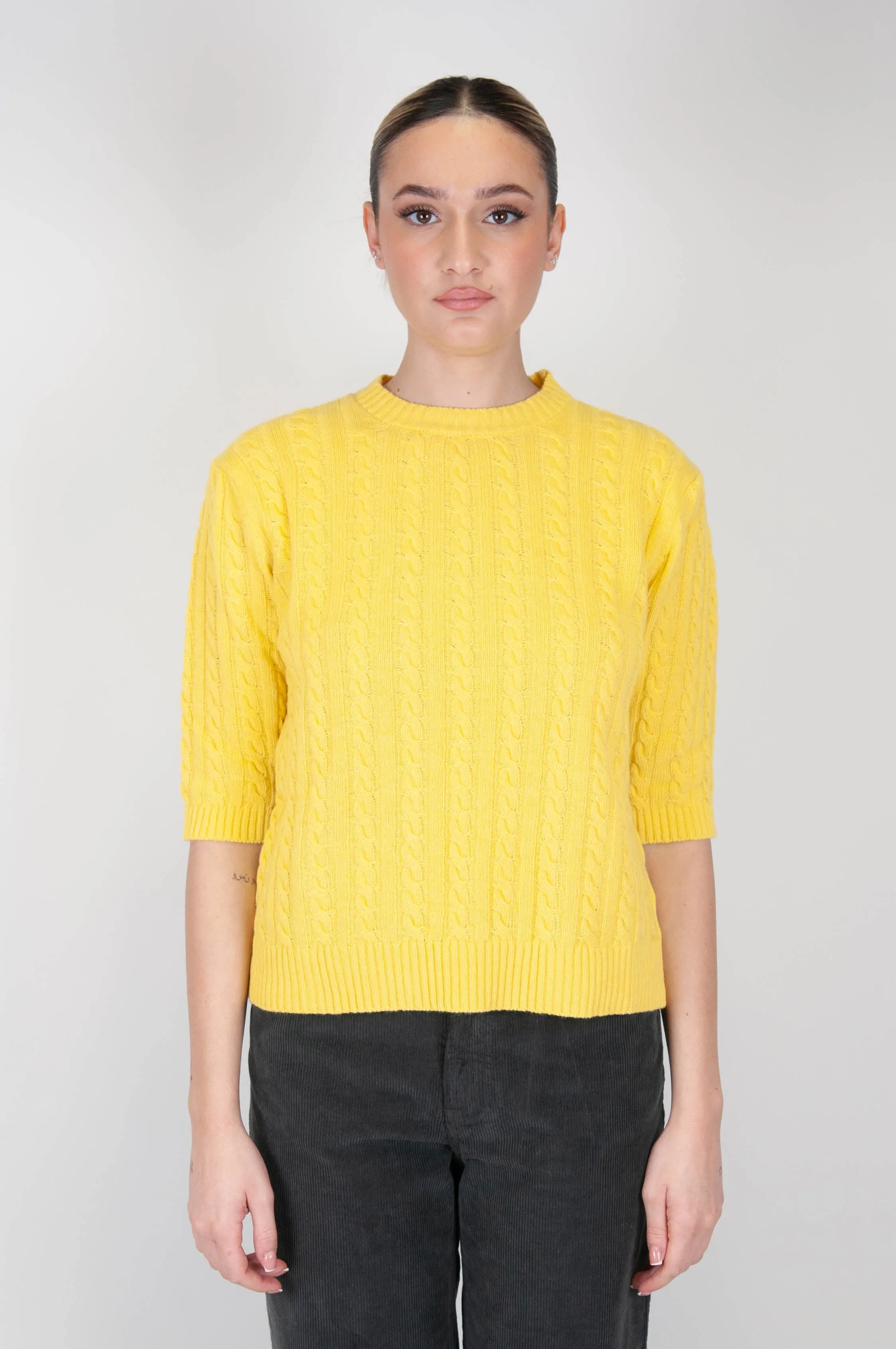 Tensione in - Maglia girocollo con trecce in misto cashmere manica 3/4