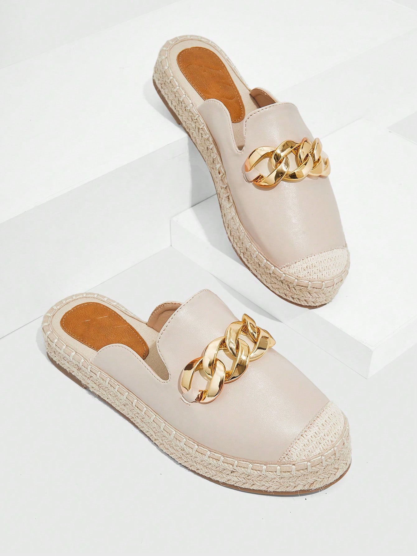 Vacation Beige Mule Flats For Women, Chain Decor Espadrille Flats