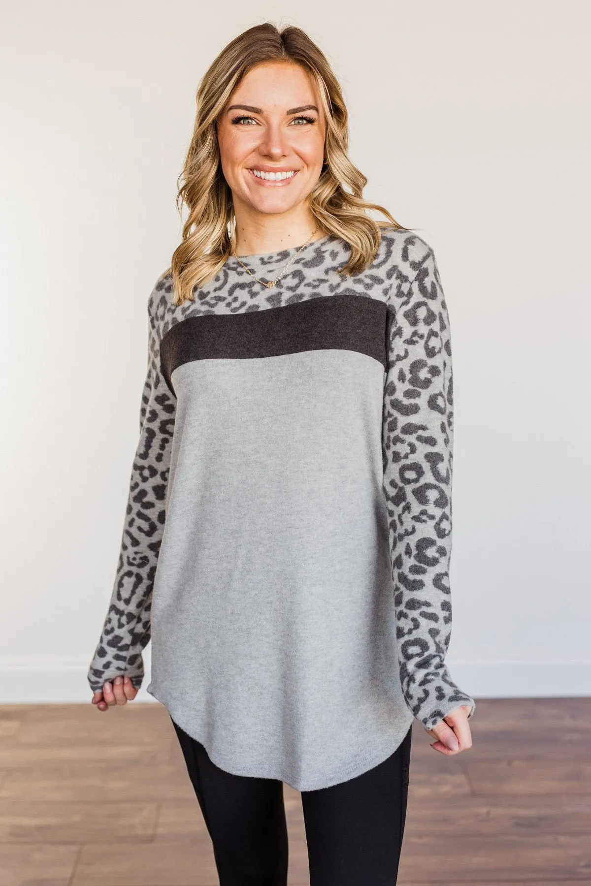 Walk With Pride Leopard Color Block Top- Grey