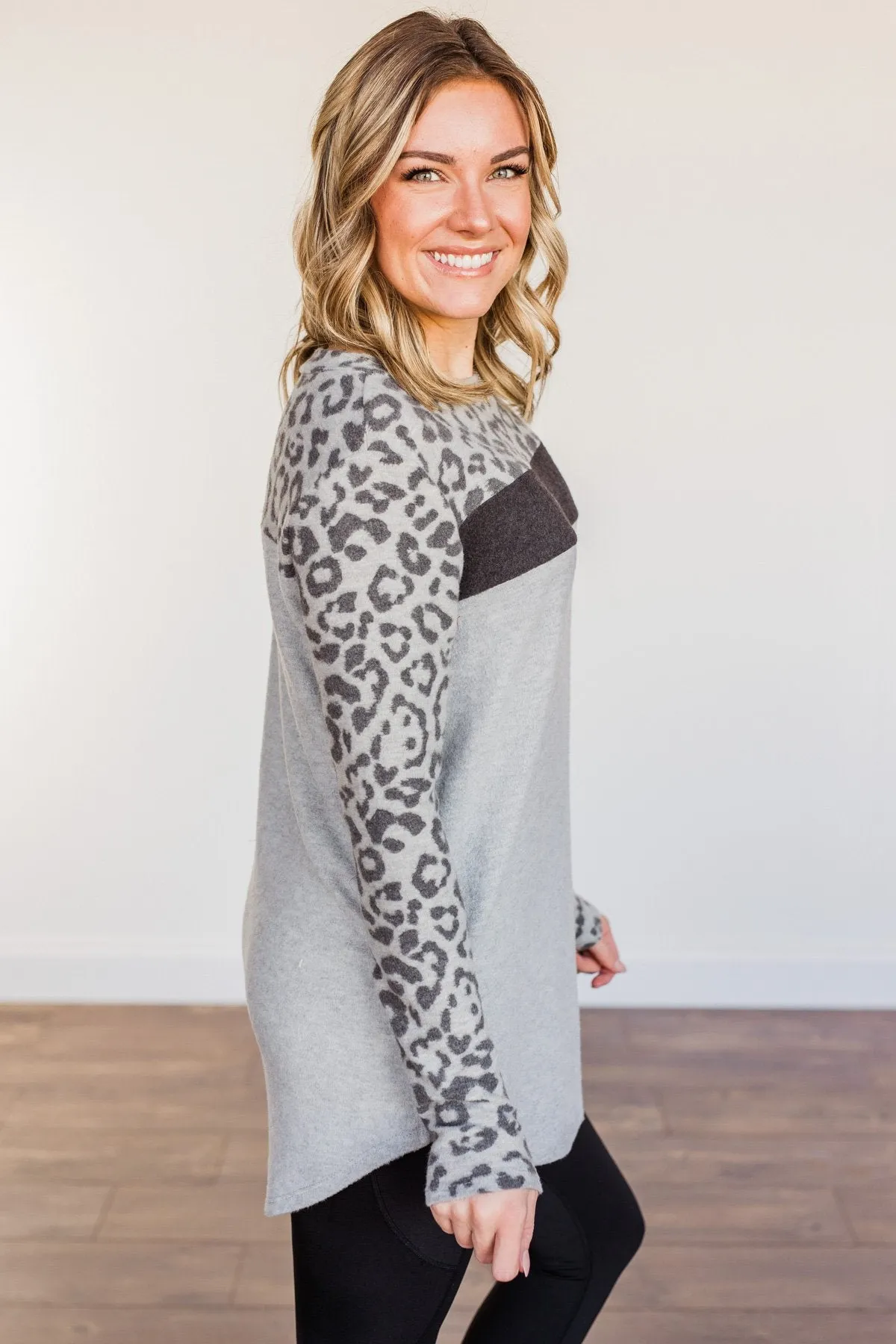 Walk With Pride Leopard Color Block Top- Grey