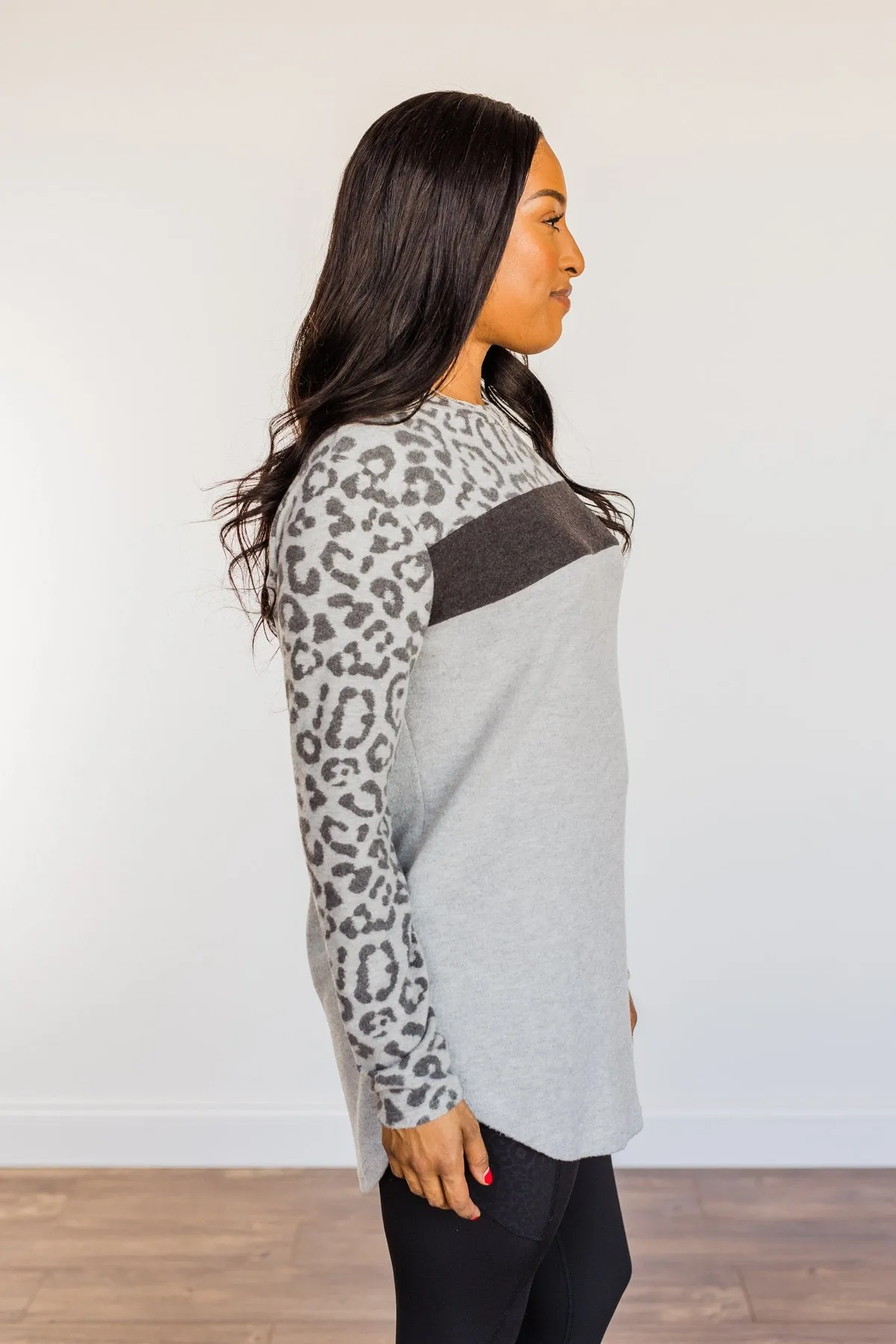 Walk With Pride Leopard Color Block Top- Grey