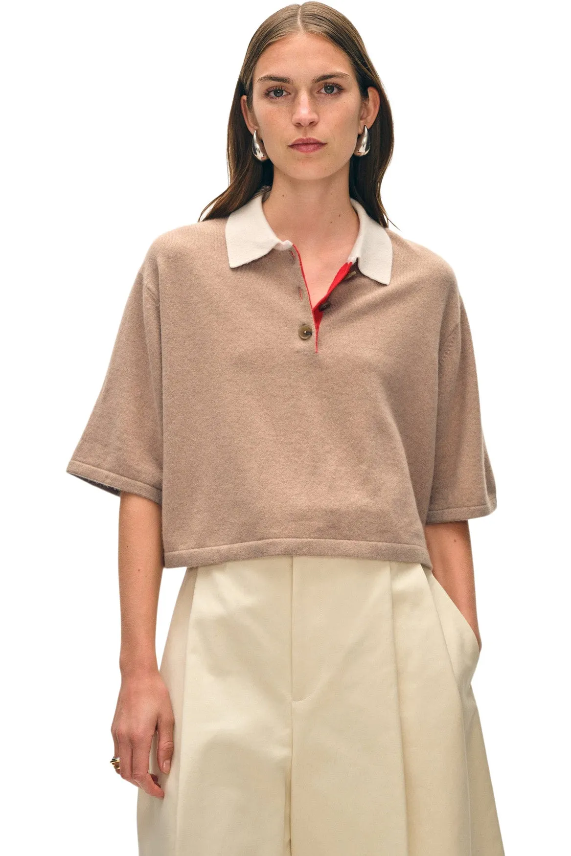 White & Warren Cashmere Cropped Polo
 in True Camel Combo