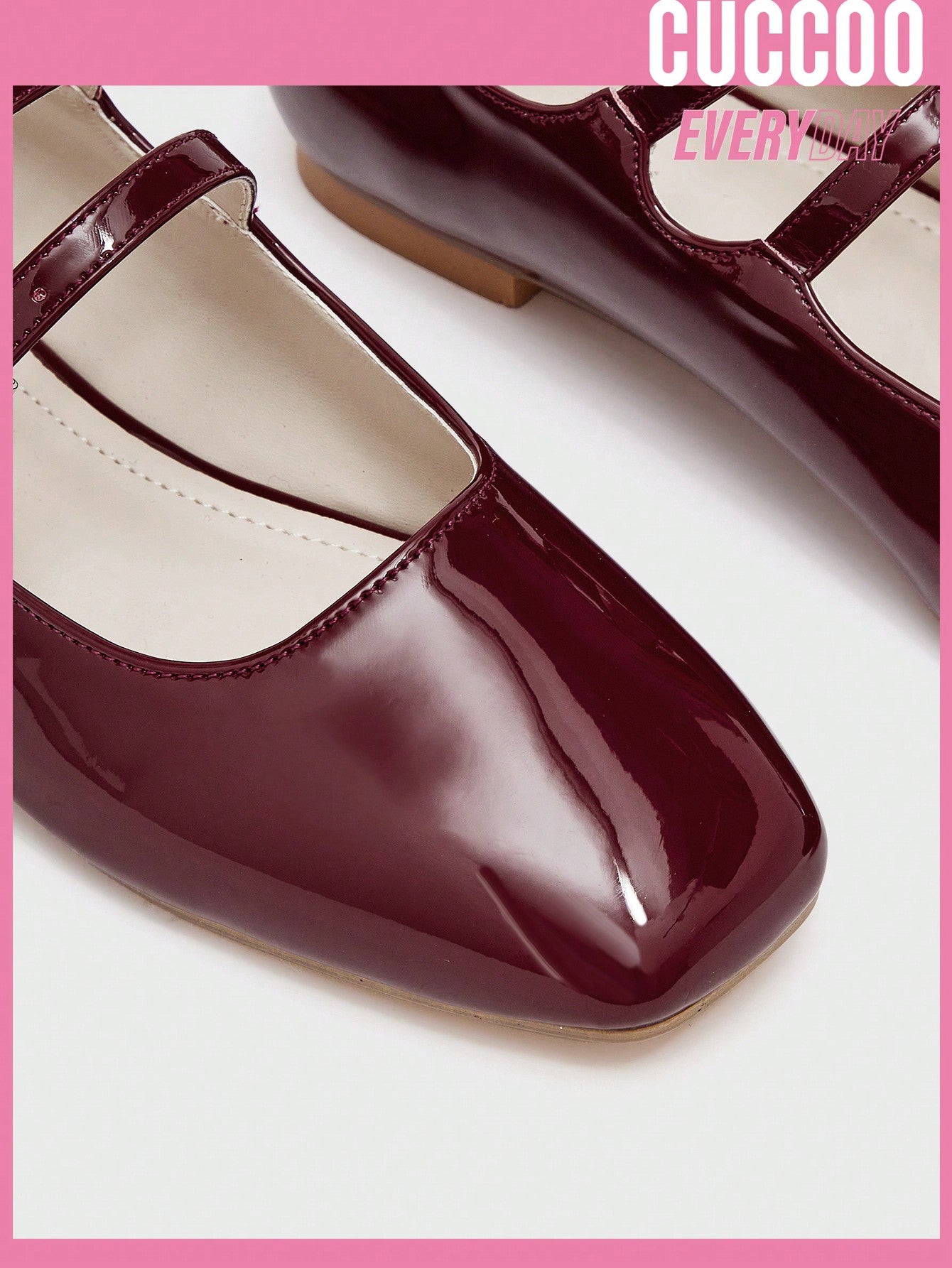 Women Fashion Leather Burgundy Mary Jane Buckle Decor Square Toe Red Flats, Valentine's Shoes