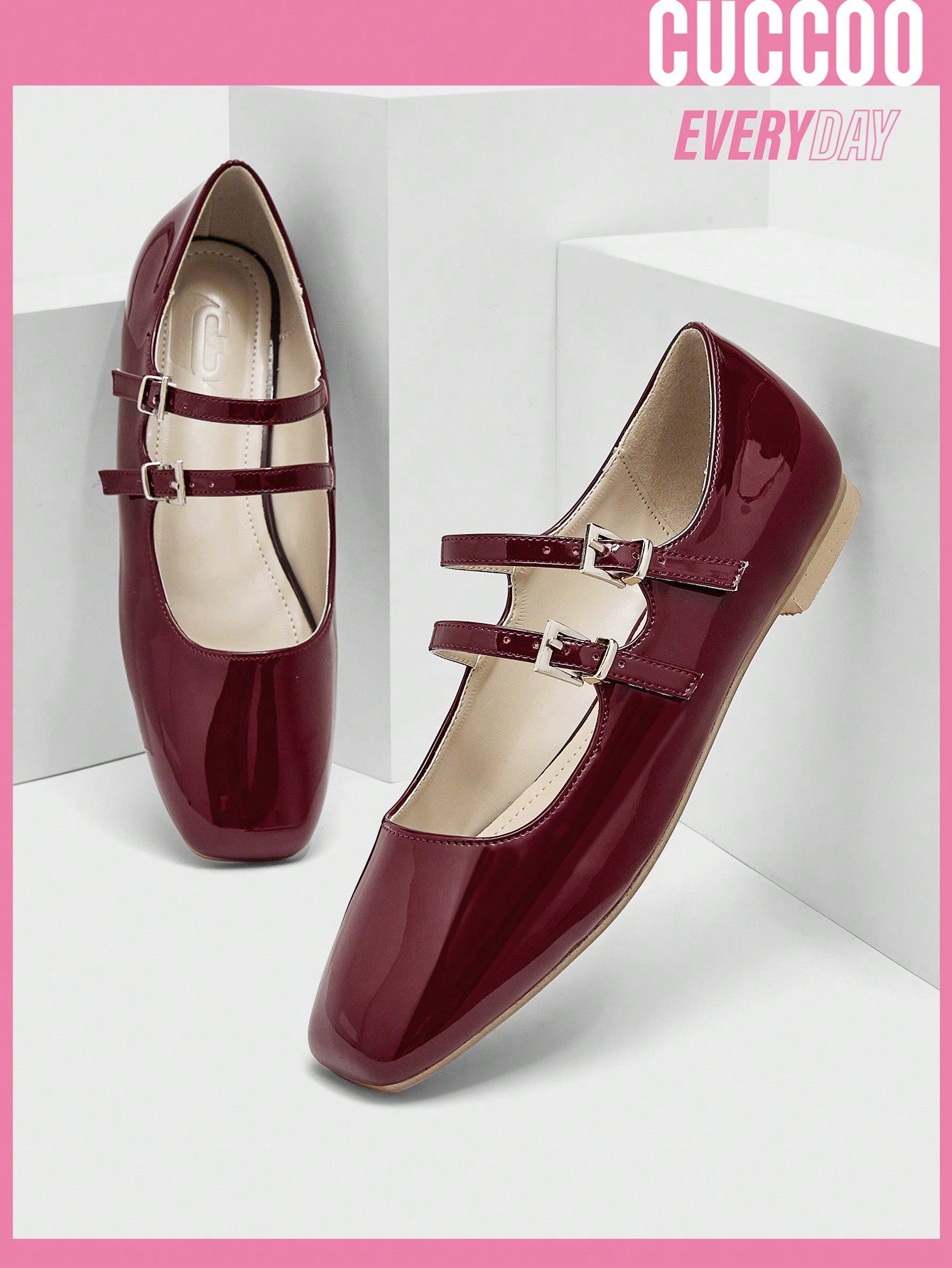 Women Fashion Leather Burgundy Mary Jane Buckle Decor Square Toe Red Flats, Valentine's Shoes