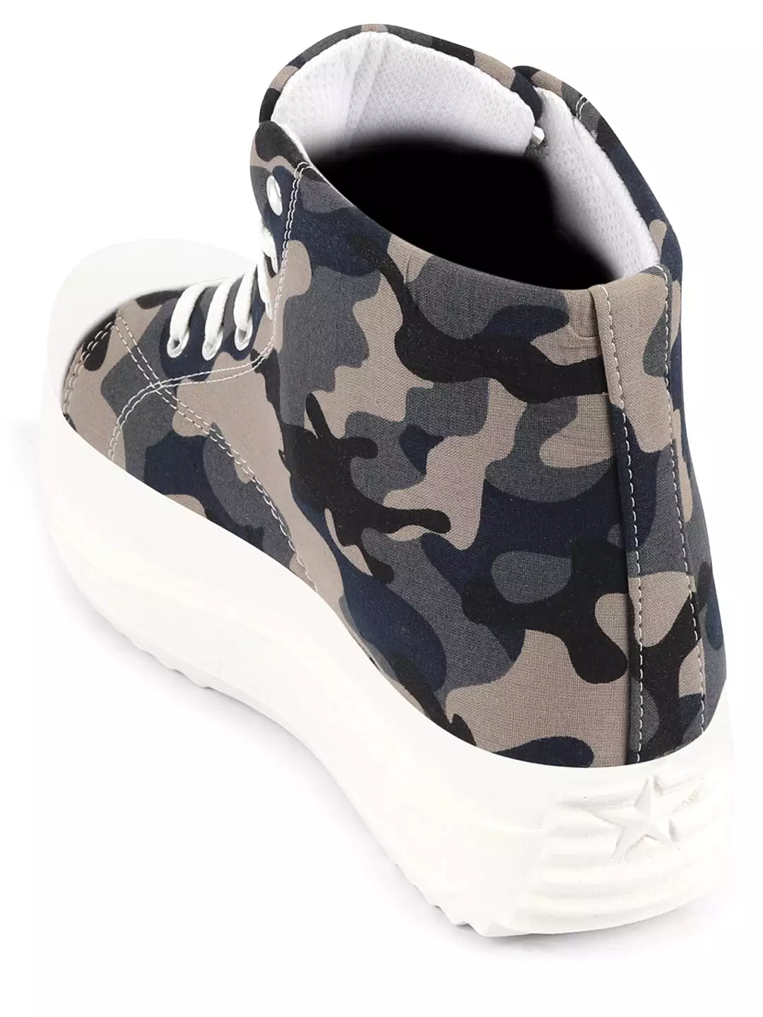 Women Grey High Ankle Top Wedge Heels Camouflage Print Canvas Lace Up Sneakers Shoes