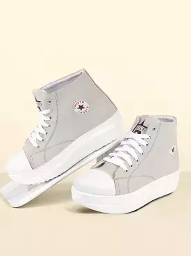 Women Grey High Ankle Top Wedge Heels Canvas Lace Up Sneakers Shoes