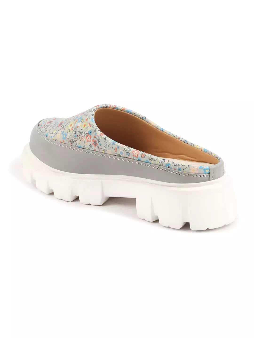 Women Grey Stiched Floral Print Back Open Height Enhancer Slip On Casual Shoes