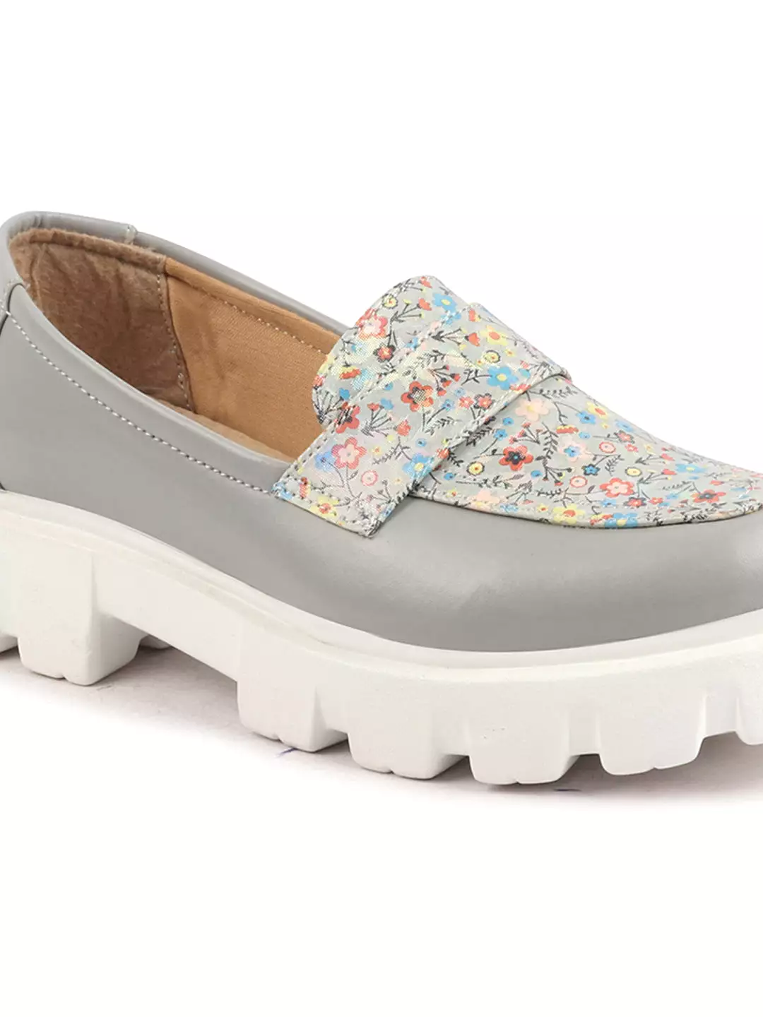 Women Grey Stiched Floral Print Classic Weekend Party Slip On Casual Shoes