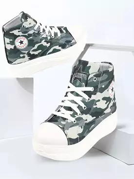 Women Military High Ankle Top Wedge Heels Camouflage Print Canvas Lace Up Sneakers Shoes