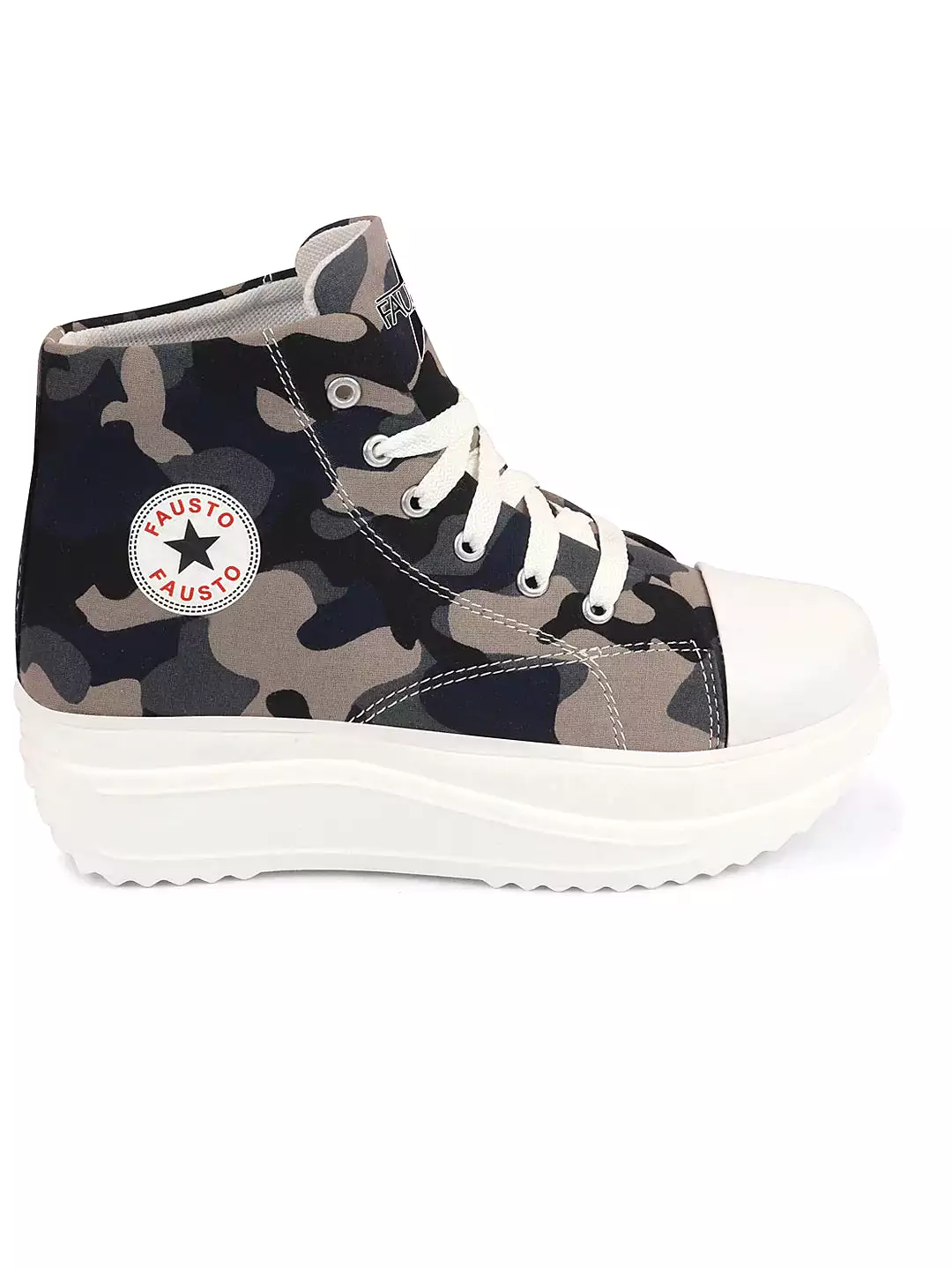 Women Navy Blue High Ankle Top Wedge Heels Camouflage Print Canvas Lace Up Sneakers Shoes