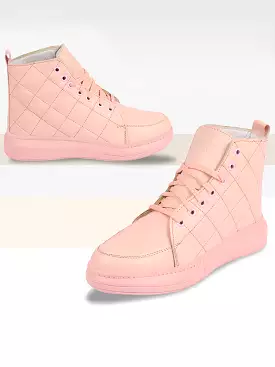 Women Pink High Ankle Top Wedge Heels Stitched Design Lace Up Sneakers Shoes