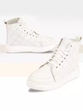 Women White High Ankle Top Wedge Heels Stitched Design Lace Up Sneakers Shoes