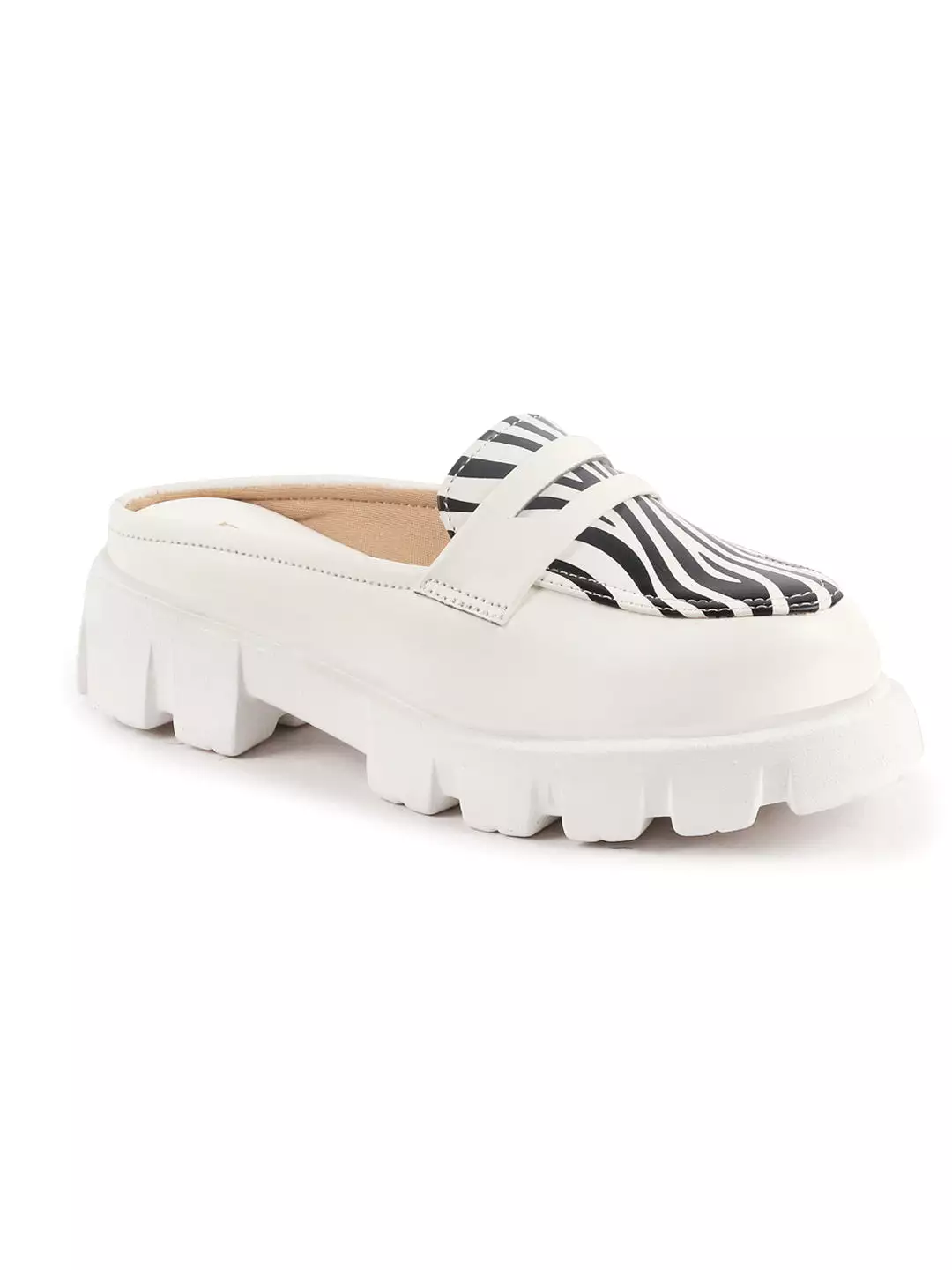 Women White Stiched Zebra Striped Print Back Open Party Slip On Casual Shoes