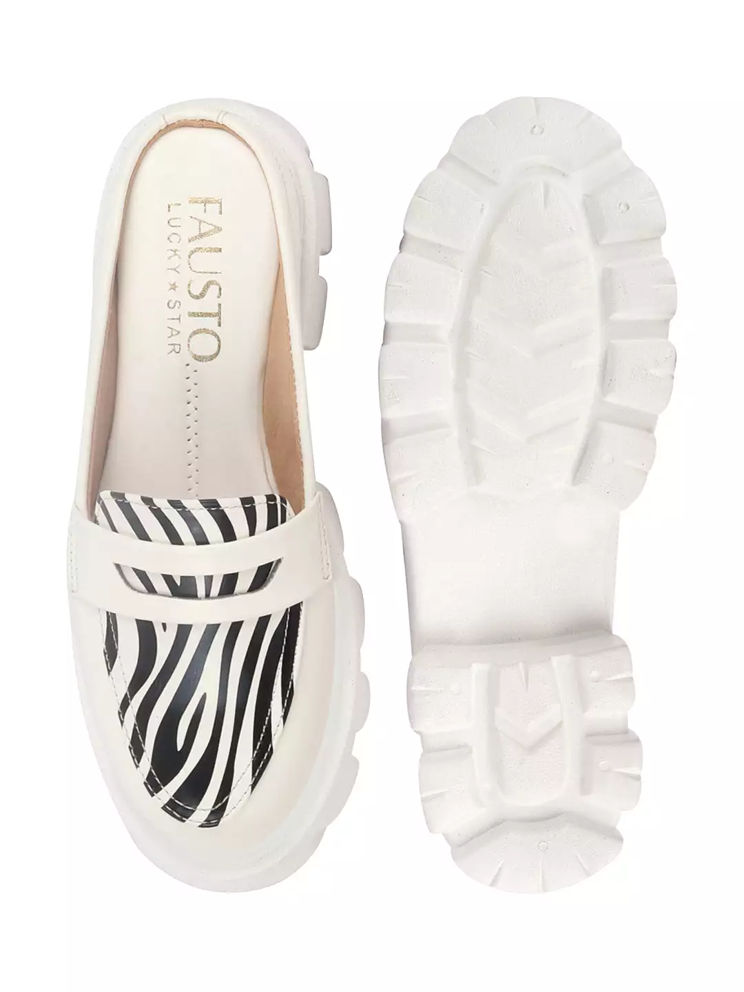 Women White Stiched Zebra Striped Print Back Open Party Slip On Casual Shoes