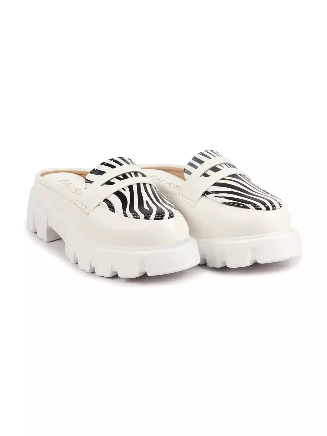 Women White Stiched Zebra Striped Print Back Open Party Slip On Casual Shoes